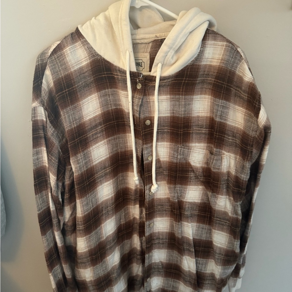 American Eagle Outfitters Plaid Hoodie in Brown and Cream